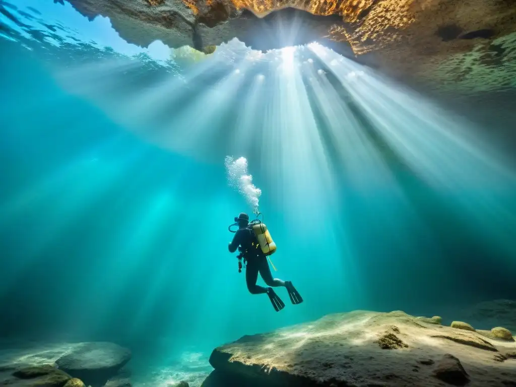 Exploración en cenotes sagrados mayas: un buceador emerge de aguas cristalinas, iluminado por rayos de sol, en un paisaje subacuático místico