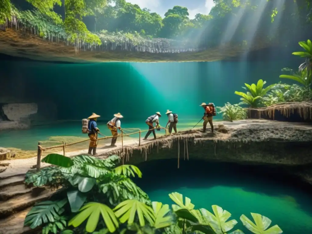 Exploración de cenotes sagrados mayas por arqueólogos en la jungla