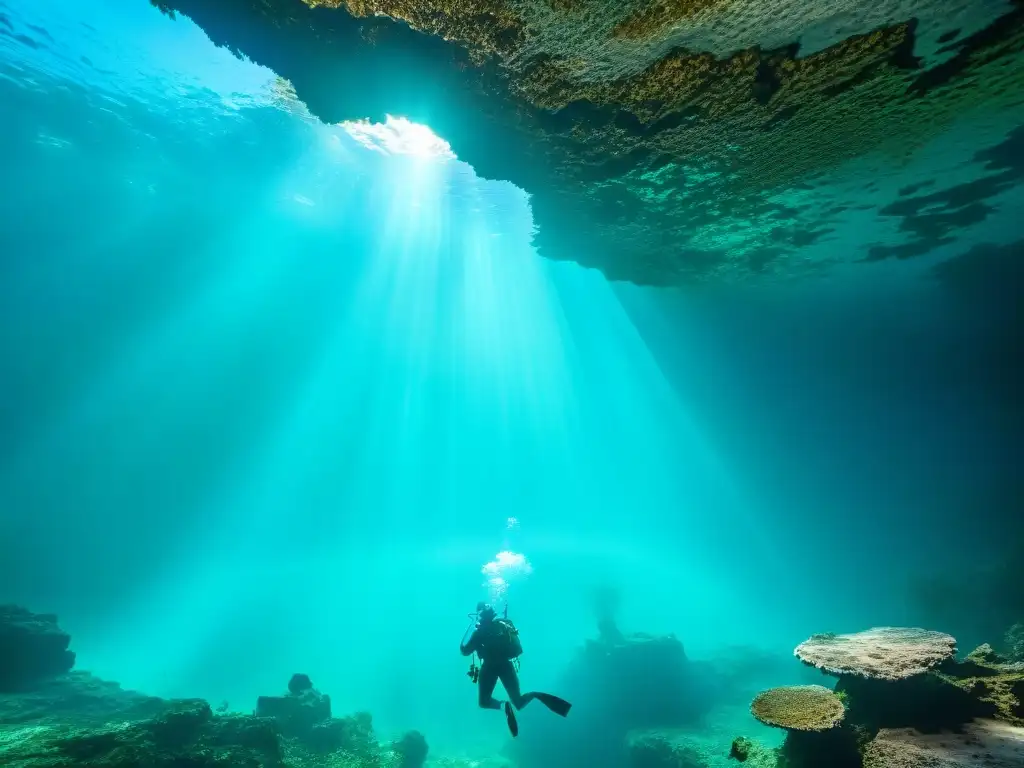 Exploración de cenotes sagrados mayas por expertos buceadores en cueva subacuática