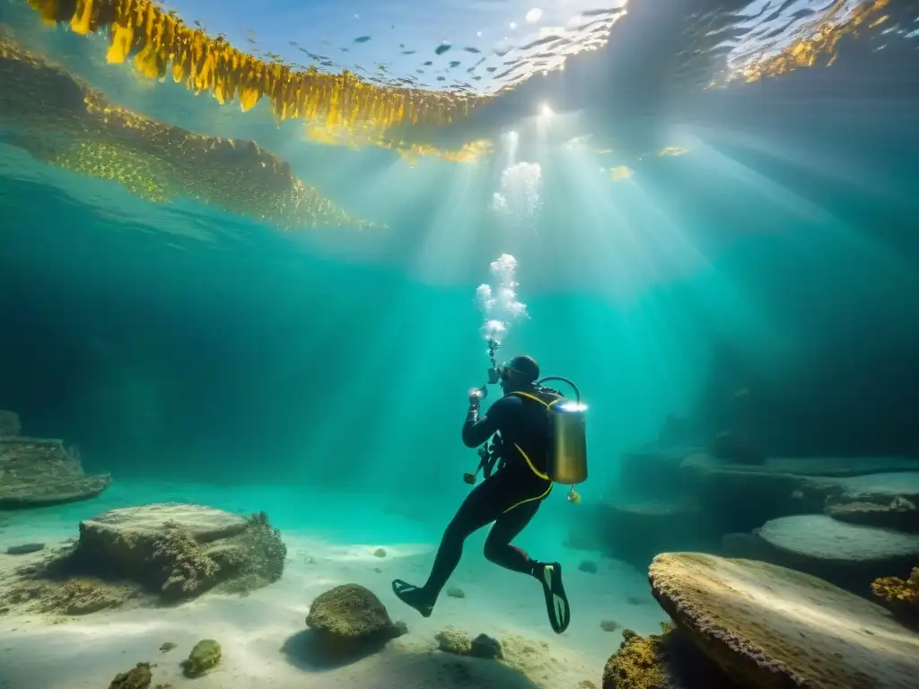 Exploración de cenotes en la vida maya: Buzo arqueólogo descubre vasija maya en aguas cristalinas, iluminado por rayos de sol en cueva subacuática