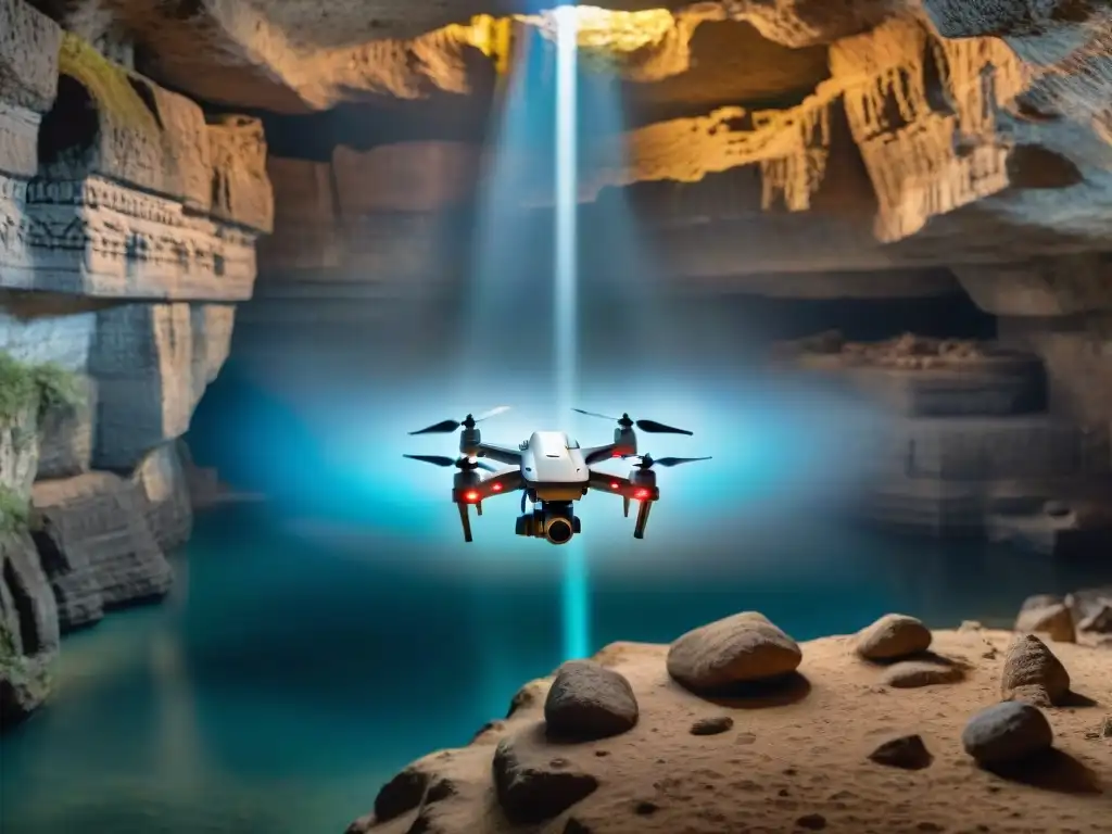 Exploración de cuevas sagradas mayas con dron tecnológico iluminando formaciones rocosas y artefactos antiguos