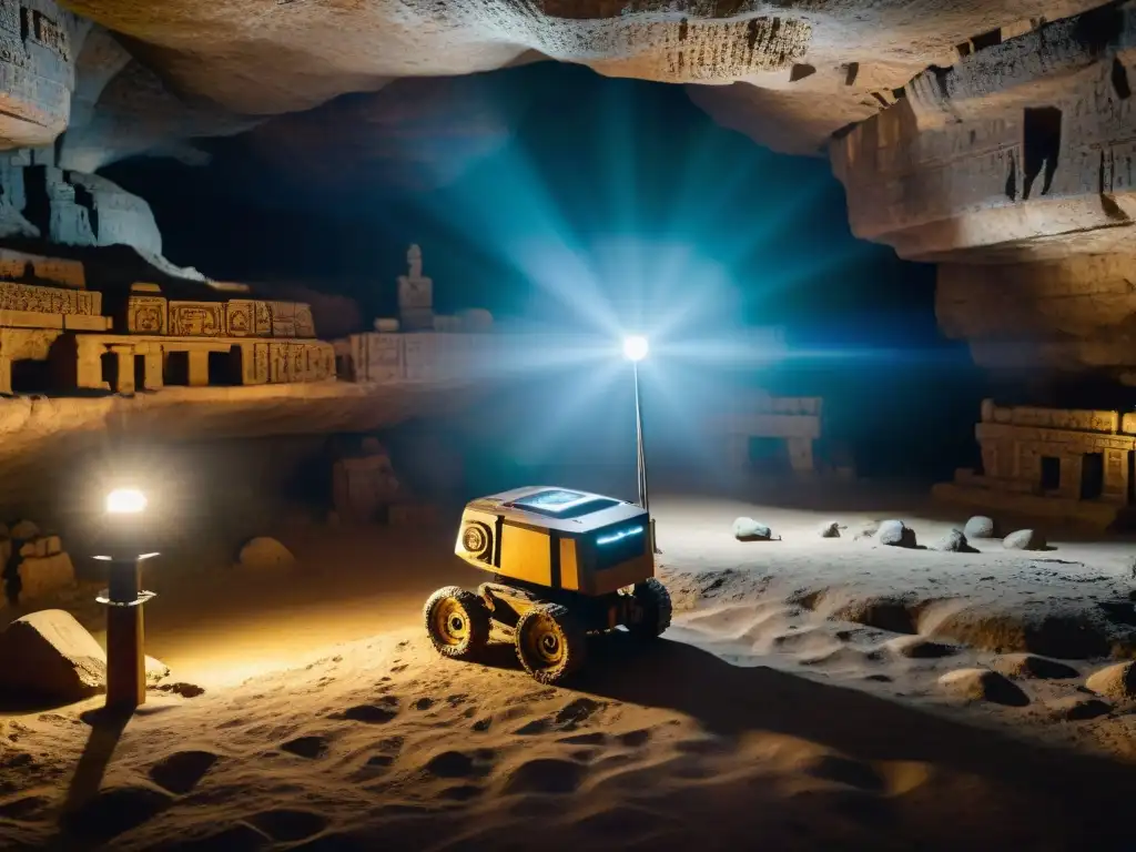 Exploración de cuevas sagradas mayas con robot tecnológico iluminando tesoros antiguos