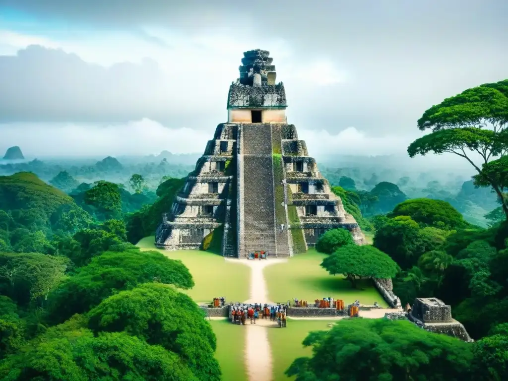 Exploración de la cultura maya en Tikal: arqueólogos excavando artefactos entre la selva y ruinas