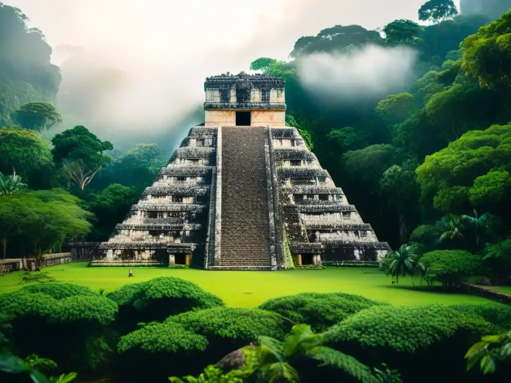 Exploración cultural en la majestuosa pirámide maya rodeada de exuberante jungla, turistas maravillados aprenden de la guía experta