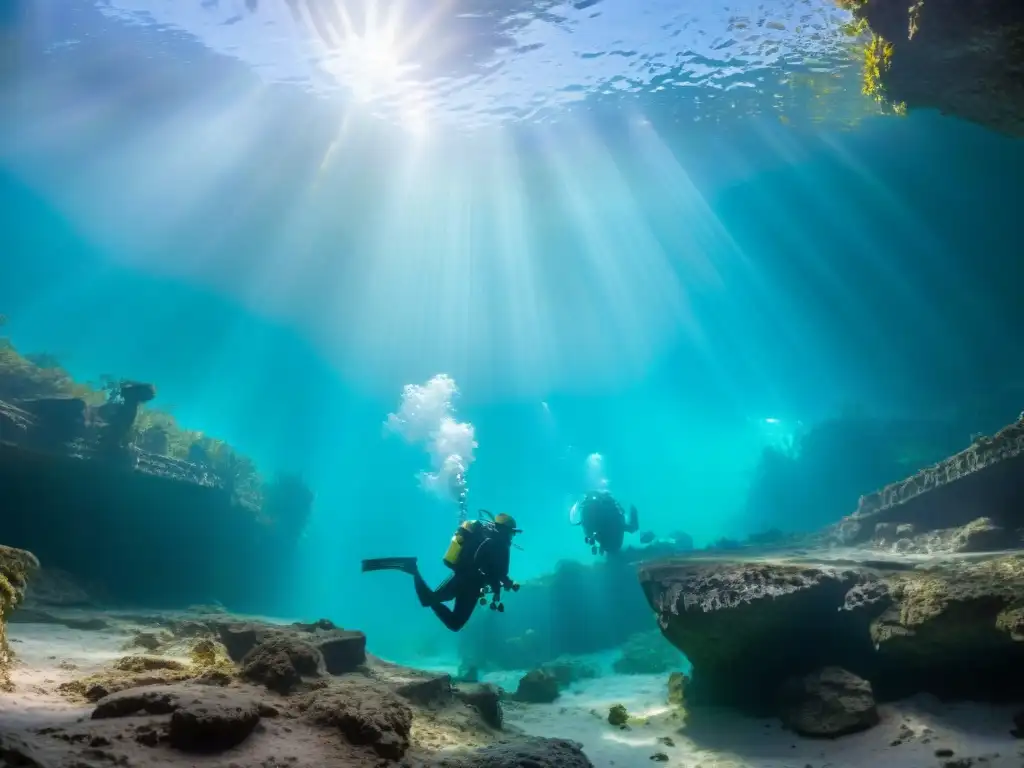 Exploración detallada de arqueólogos en cenote maya iluminado por rayos de sol, descubriendo artefactos y formaciones submarinas