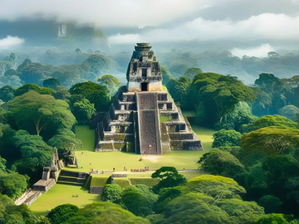 Exploración detallada de arqueólogos preservando cultura maya en Tikal, entre ruinas y exuberante vegetación