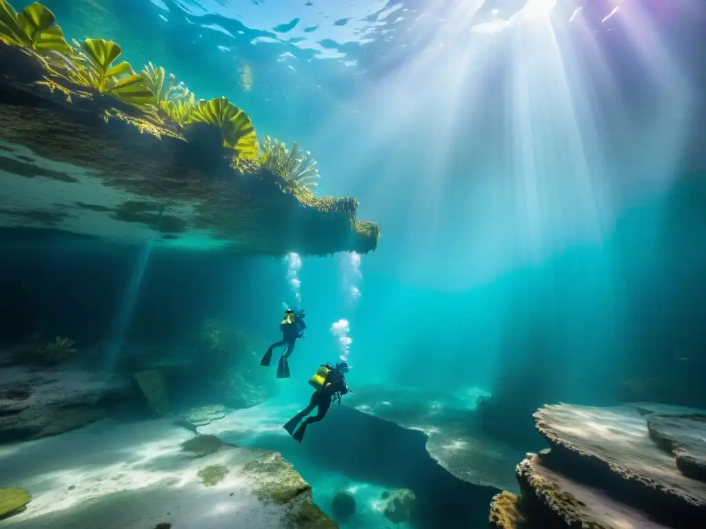 Exploración detallada de arqueólogos submarinos en cenote maya, conectando con el cielo y la astronomía