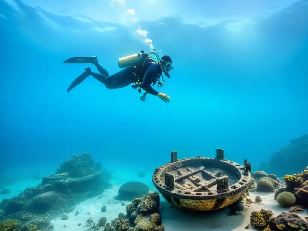 Exploración detallada de arqueólogos submarinos en un navío maya hundido, rodeados de vida marina y artefactos antiguos