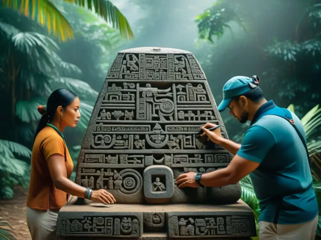 Exploración detallada de ciberarqueólogos estudiando jeroglíficos mayas en monumento de piedra, con tecnología avanzada en selva exuberante