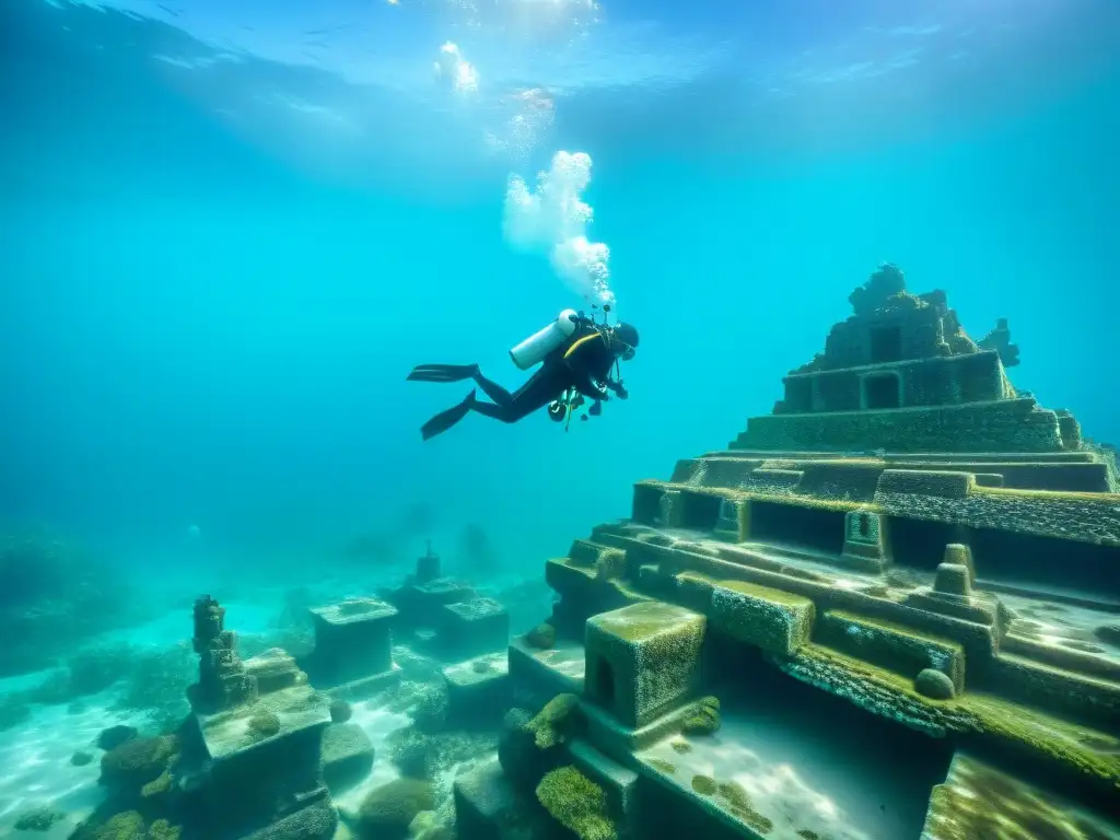 Exploración detallada de ruinas mayas bajo el agua, arqueólogos documentan estructuras rodeadas de vida marina en aguas turquesas