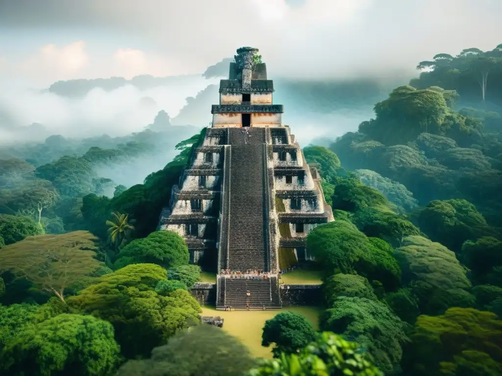 Exploración digital de arquitectura maya en la antigua ciudad de Tikal, con asombrosos detalles de templos y selva