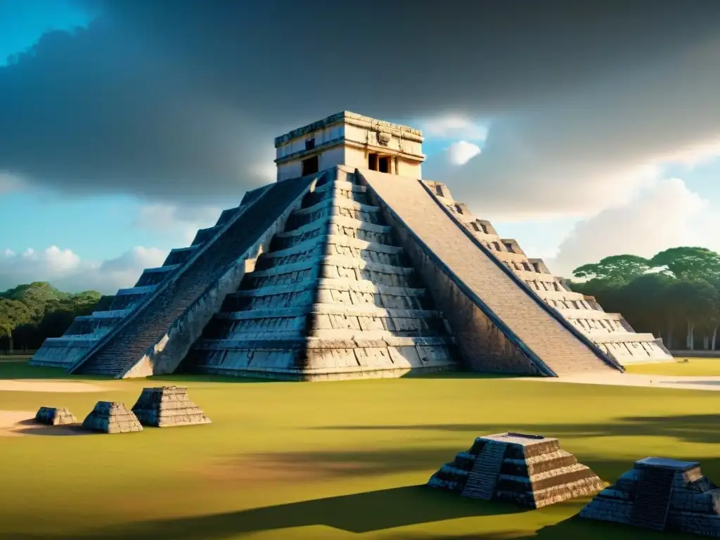 Exploración digital de arquitectura maya: Detalle 8k del icónico Templo de Kukulcán en Chichén Itzá, mostrando su grandeza y precisión