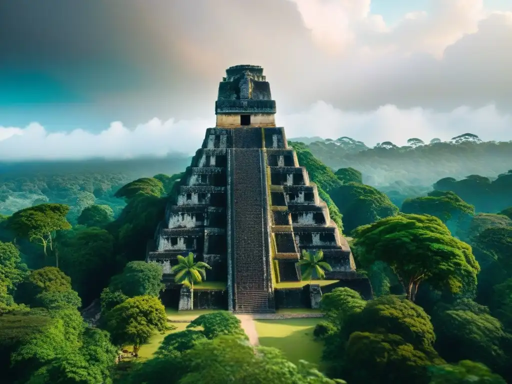 Exploración digital de arquitectura maya en Tikal: templos, pirámides y jungla con detalles vibrantes