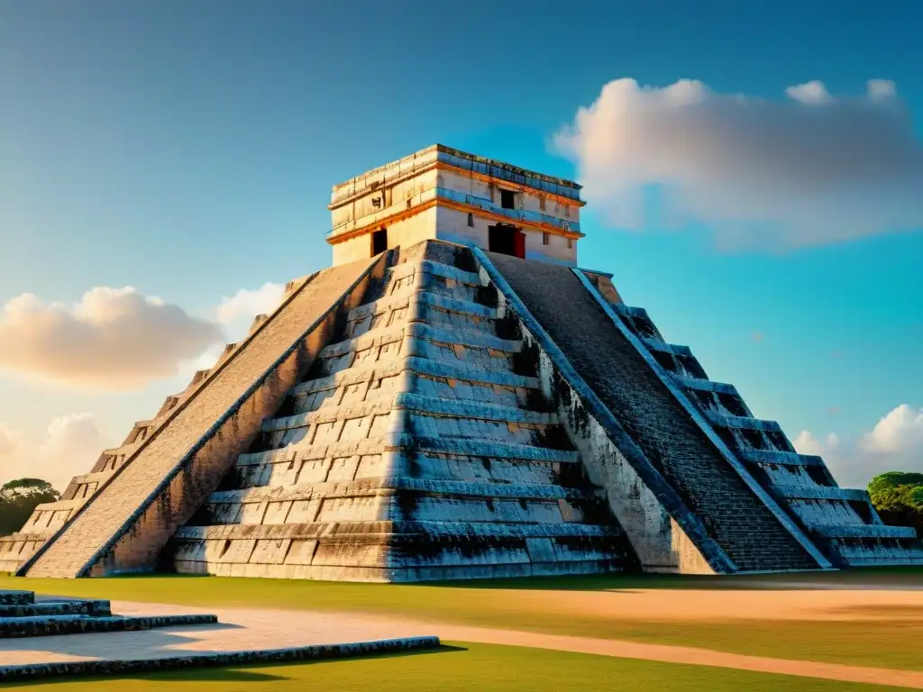 Exploración digital de arquitectura maya: Detallada reconstrucción 3D del Templo de Kukulcán en Chichén Itzá, resaltando su esplendor histórico