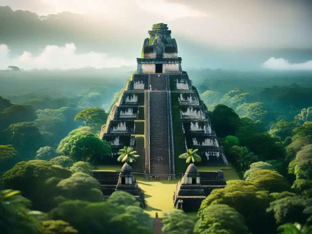 Exploración digital de arquitectura maya en Tikal: templos y pirámides detallados entre exuberante selva, luces y sombras dramáticas