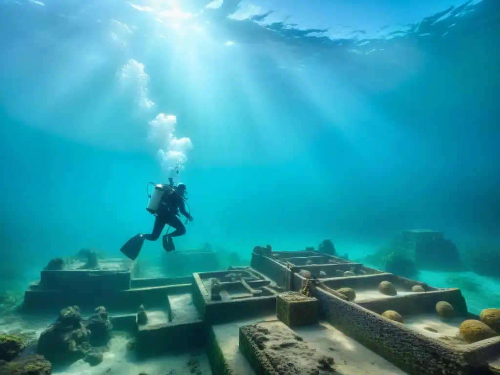 Exploración meticulosa de arqueólogos submarinos en sitio maya, rodeados de ruinas y artefactos antiguos