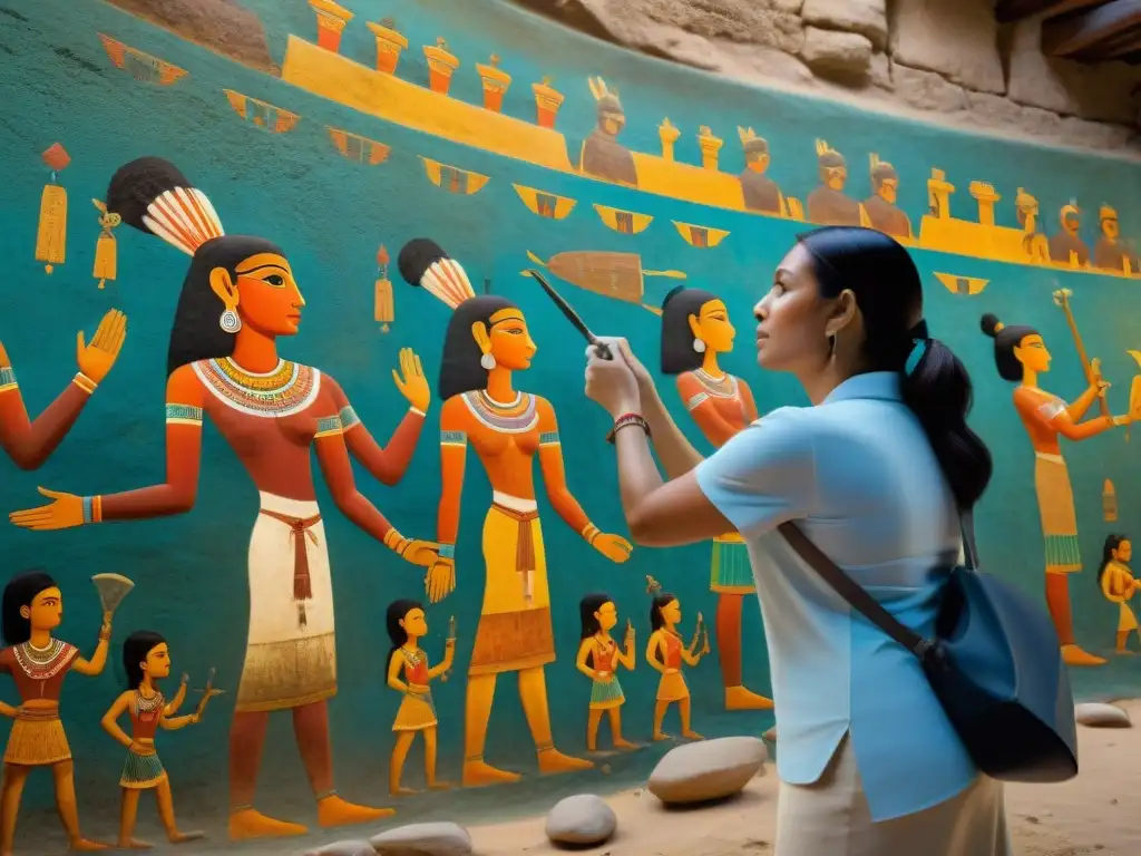 Exploración detallada de mural maya en Bonampak Exploración minuciosa de expertos en arqueología descubriendo la historia maya en un lienzo vibrante