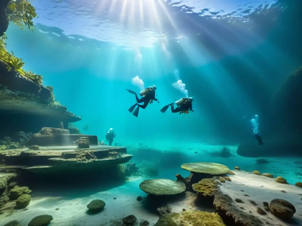 Exploración de ofrendas mayas en cenotes descubrimientos: arqueólogos submarinos documentando tesoros ancestrales bajo el agua