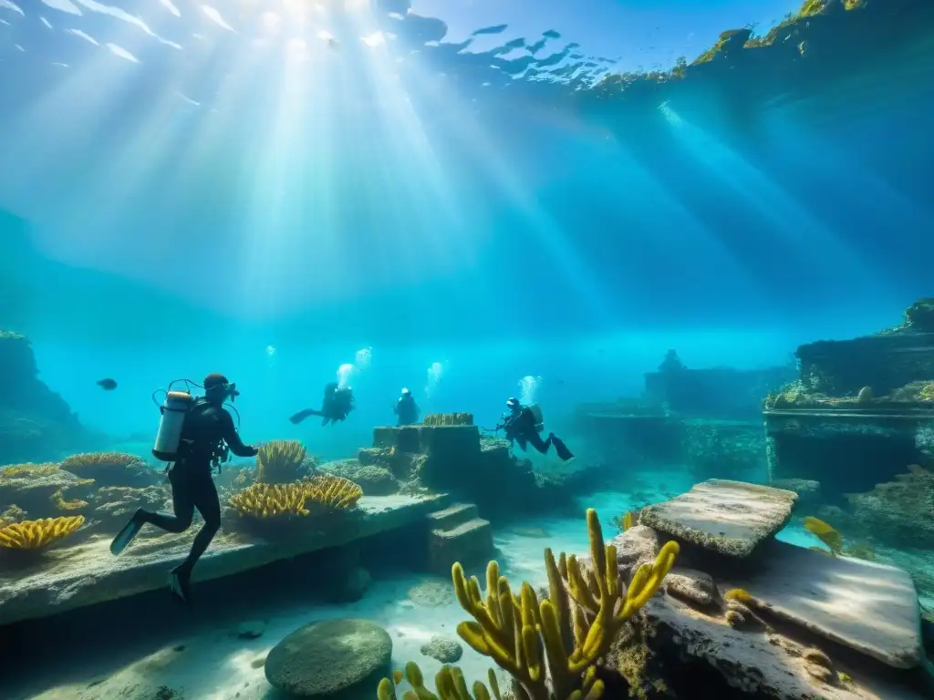 Exploración de ruinas mayas bajo el agua con arqueólogos submarinos y vida marina colorida en cenote