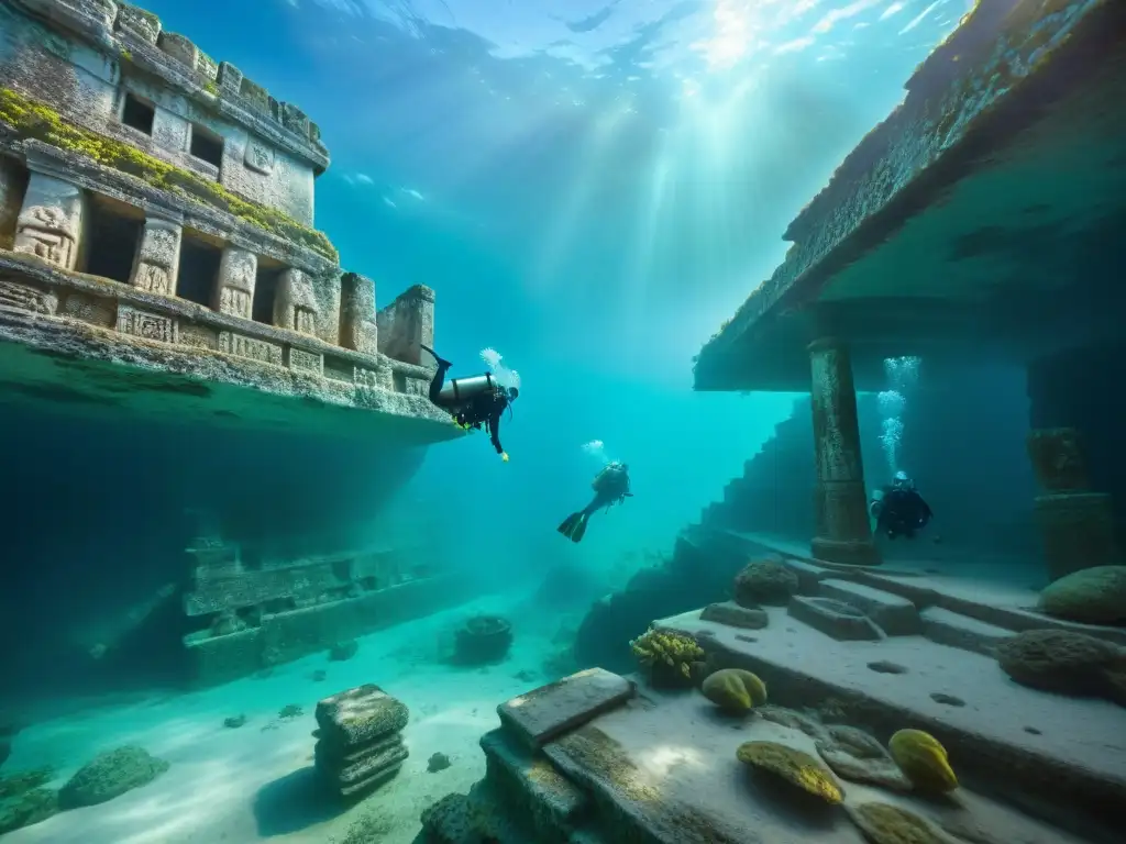 Exploración de ruinas mayas bajo el agua por un equipo de buceadores profesionales, capturando la historia y la belleza submarina