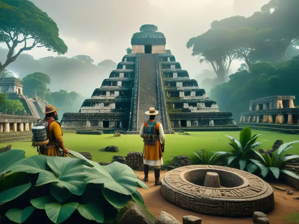 Exploración de ruinas mayas con apps de realidad aumentada en la jungla, fusionando pasado y presente