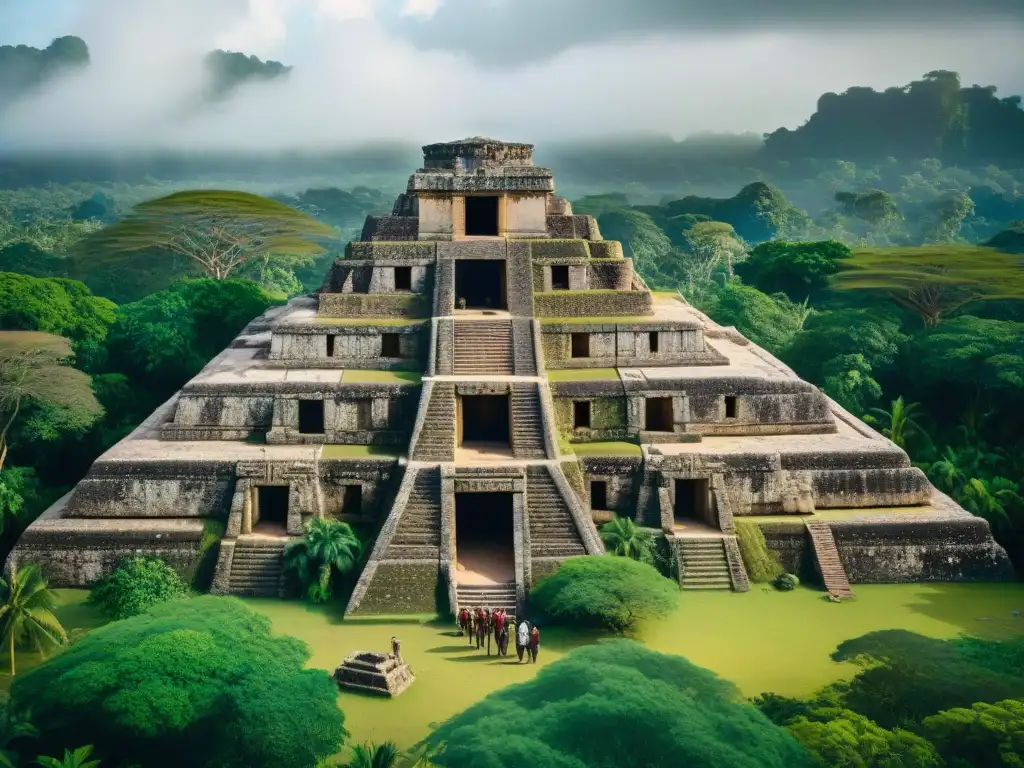 Exploración de ruinas mayas con tecnología wearable, arqueólogos documentando detalladas inscripciones en la jungla exuberante