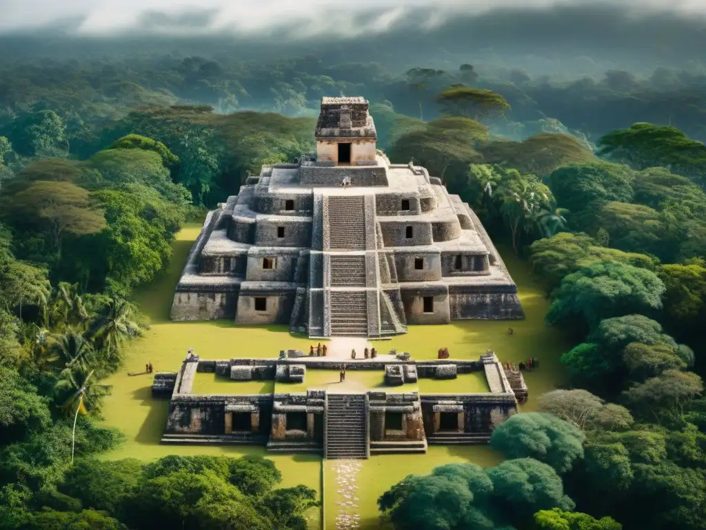 Exploración de ruinas mayas con tecnología avanzada en la densa selva, conservando el patrimonio ancestral