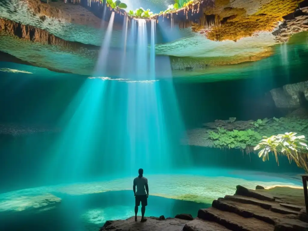 Exploración de secretos aguadas mayas culturales en cenote con aguas turquesas y estalactitas