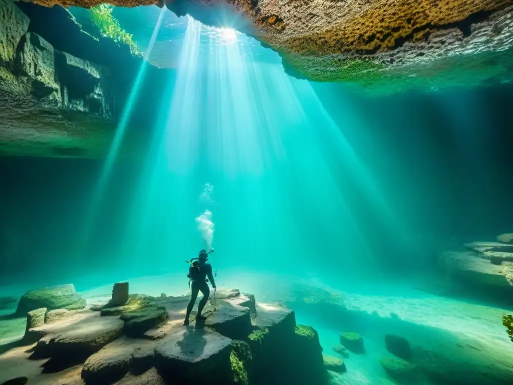 Exploración subacuática de arqueólogos en cenote, revelando rituales mayas y belleza natural