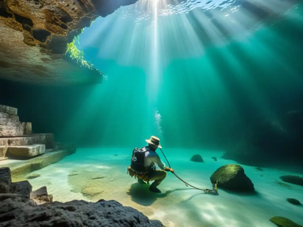 Exploración subacuática de joyas mayas en cenote: arqueólogo extrayendo collar de jade bajo la luz solar