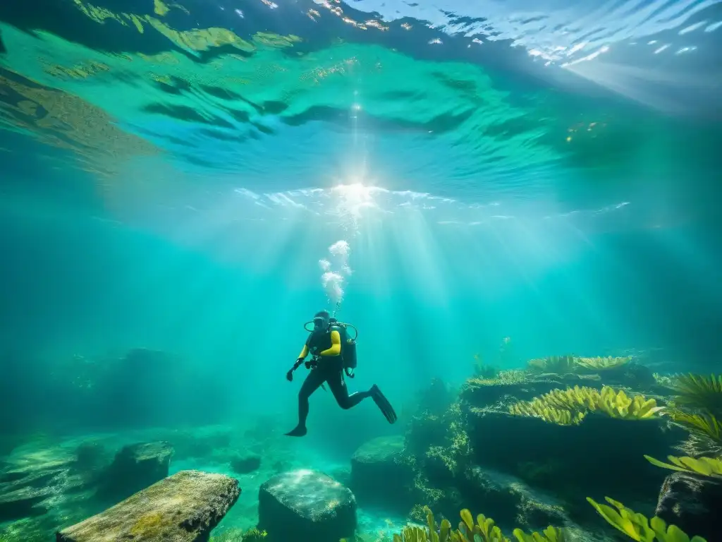 Exploración subacuática de rituales mayas en cenote: arqueólogos bucean entre ruinas mayas, documentando artefactos bajo el agua cristalina