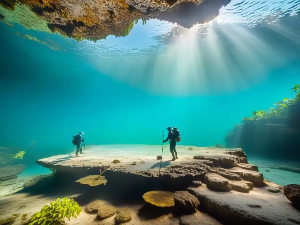 Exploración subacuática de rituales mayas en cenote del Yucatán