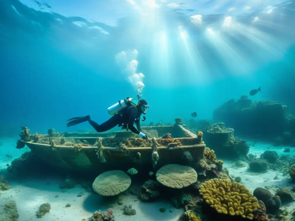 Exploración submarina de restos mayas con habilidad naval, rodeados de arrecifes de coral y peces tropicales