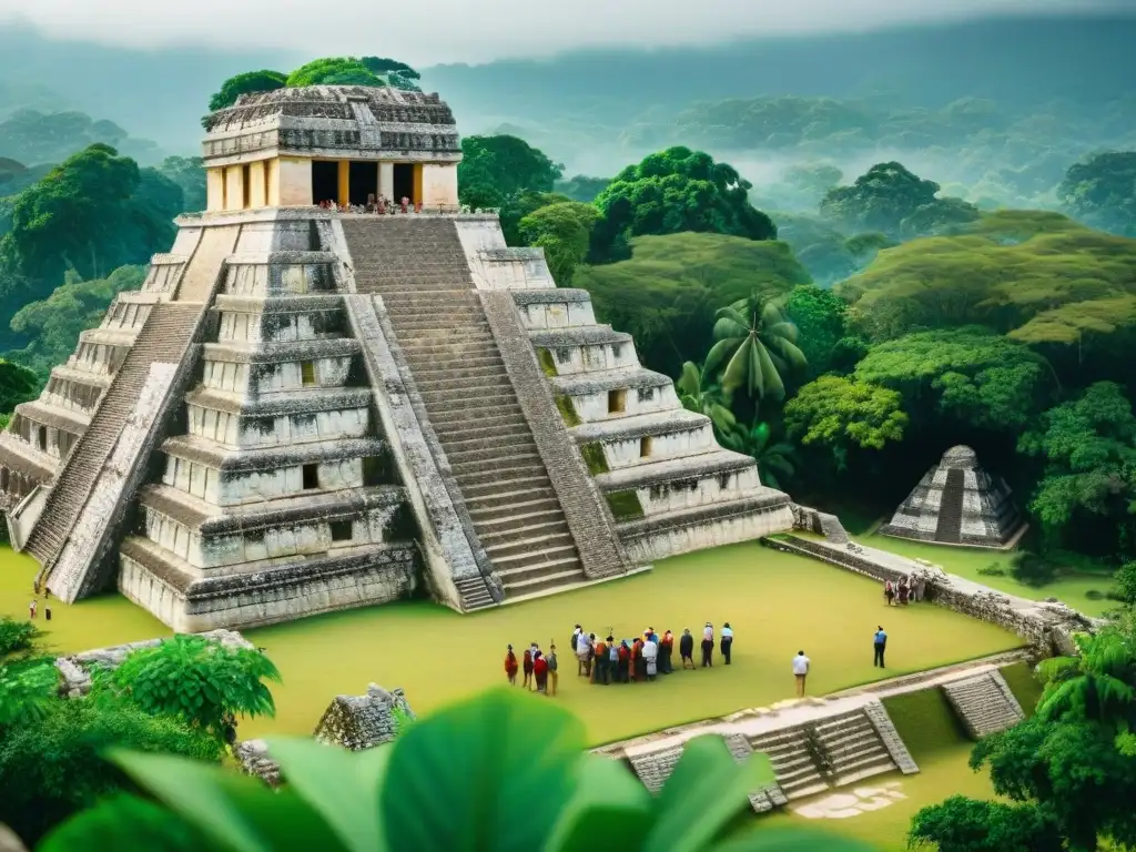 Exploración de turistas en Palenque, ciudad sagrada en la selva, admirando ruinas y pirámides