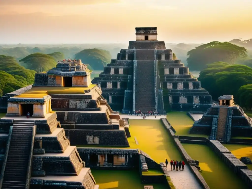 Exploración de turistas en ruinas mayas al atardecer, fusionando cultura antigua y tecnología moderna con aplicaciones móviles turismo cultural mayas