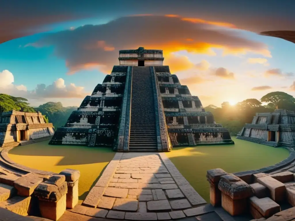 Exploración virtual en turismo maya: majestuoso templo maya al amanecer con turistas virtuales en auriculares VR