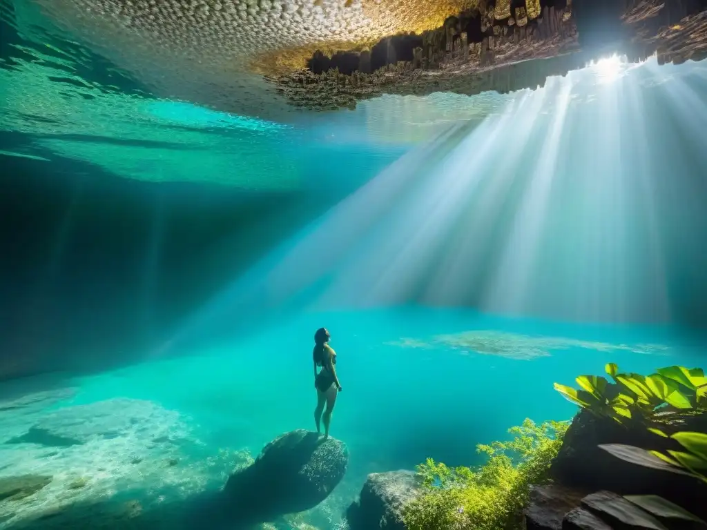 Explorador contempla la belleza espiritual de un cenote maya en la selva, revelando su significado espiritual cenotes mayas