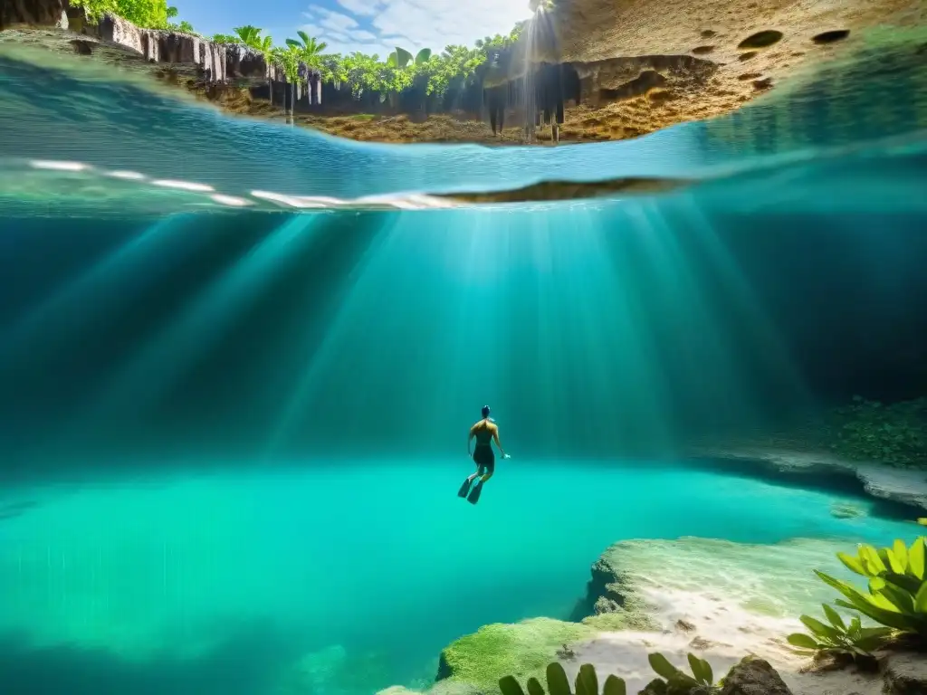 Explorador en cenote maya, cuerpos de agua sagrados, luz filtrada, formaciones rocosas y nadador solitario