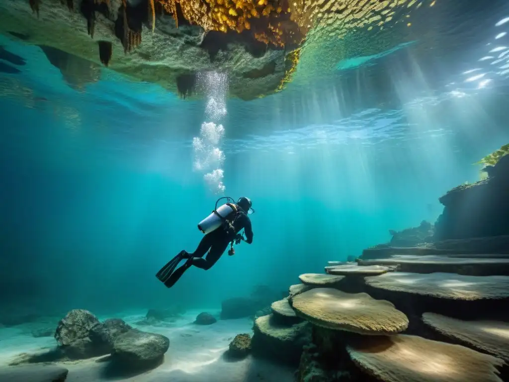 Explorador de joyas mayas en cenote subacuático, sumergido en agua cristalina entre formaciones rocosas