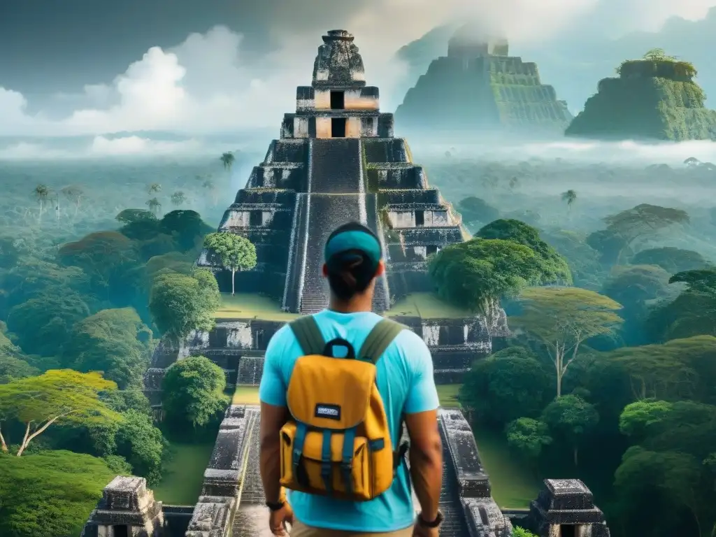 Explorador maravillado en ruinas de Tikal, Guatemala Explorador maravillado frente a ruinas de Tikal en Guatemala, resaltando la majestuosidad de las ciudades mayas perdidas