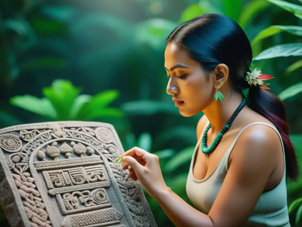 Explorador maya estudia detenidamente tallados de plantas nativas en tableta de piedra en entorno exuberante