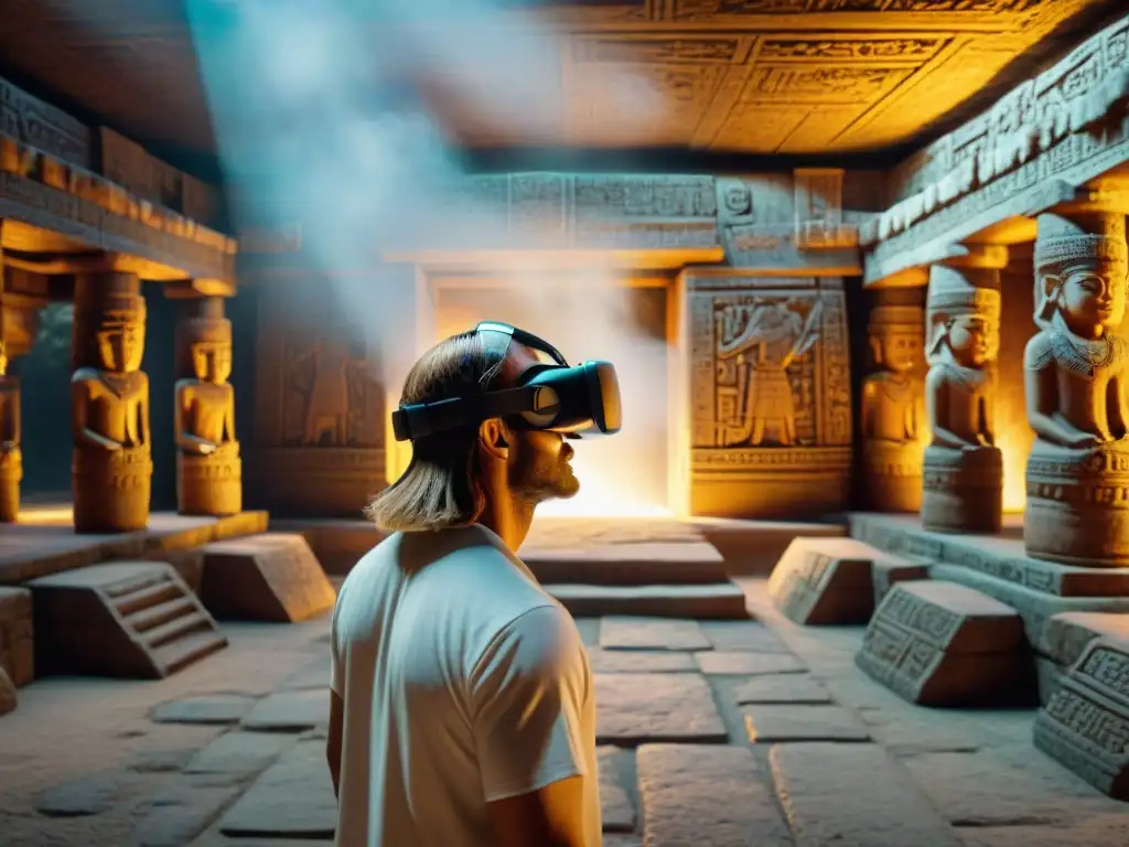 Explorador en realidad virtual tocando arte maya digital