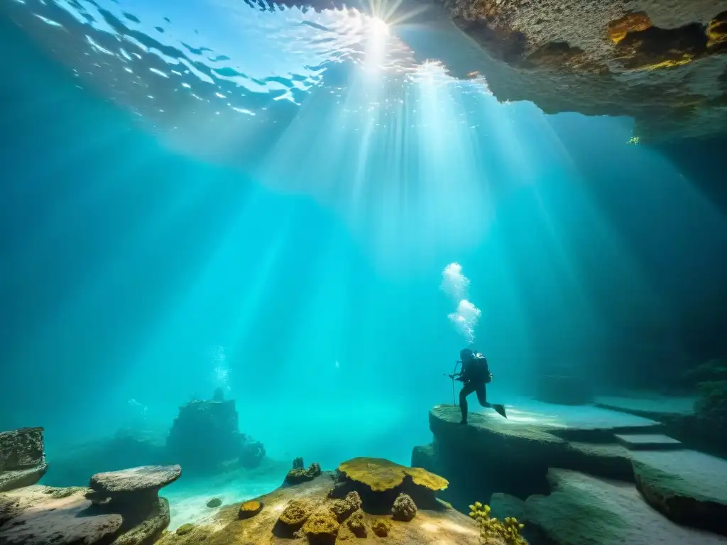 Explorador submarino examina artefactos cenotes mayas descubiertos en cenote iluminado