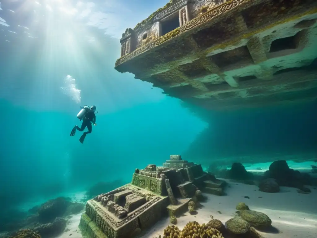 Explorador submarino documentando ruinas mayas bajo el agua en Yucatán