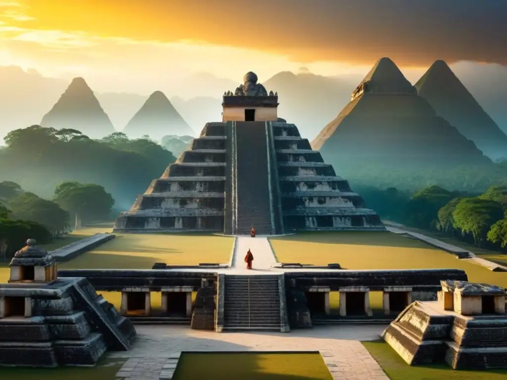 Exploradores midiendo alineaciones astronómicas en arquitectura maya al atardecer