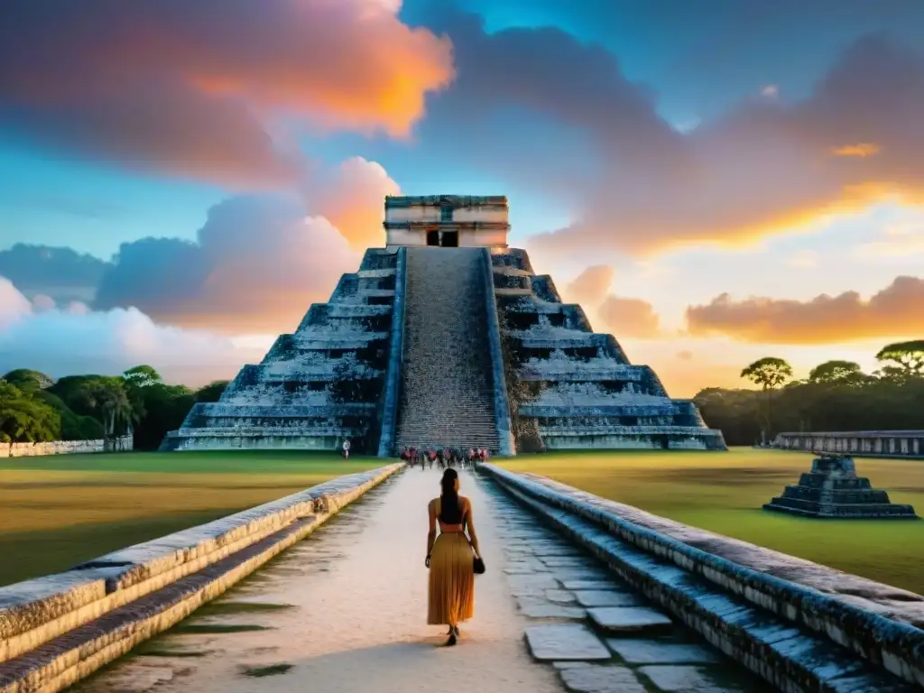 Exploradores disfrutan de un amanecer en Chichén Itzá con el guía en uno de los mejores tours arqueológicos del mundo maya