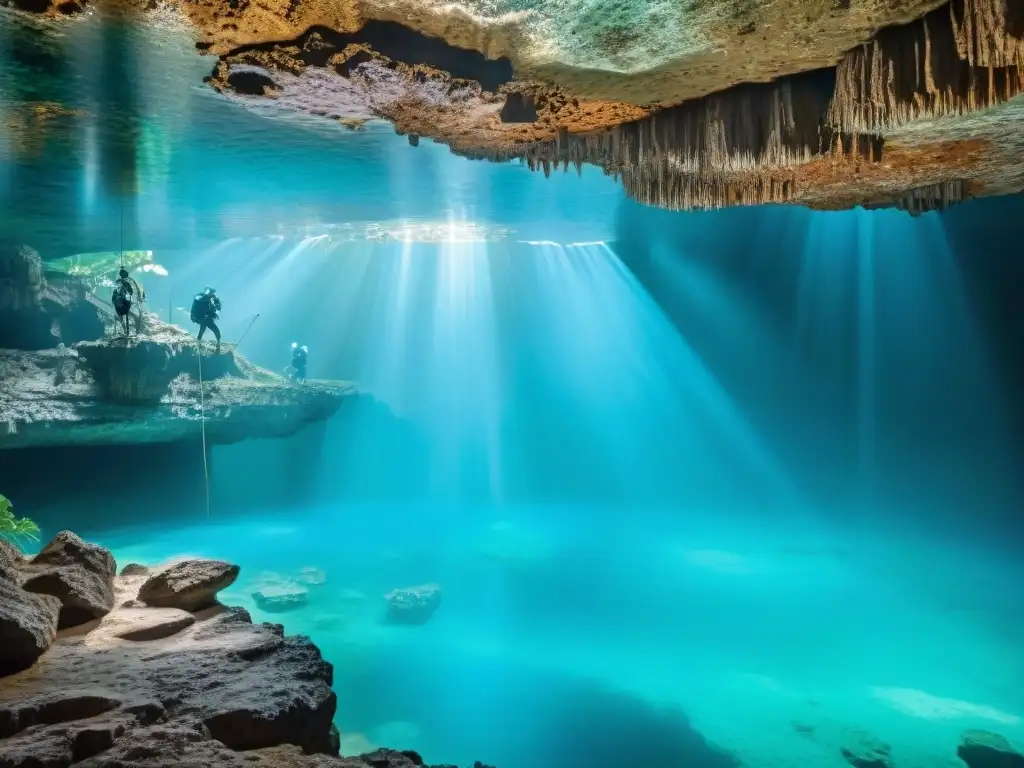 Exploradores en cenote maya, con cascadas de estalactitas y estalagmitas iluminadas, reflejadas en agua azul cristalina