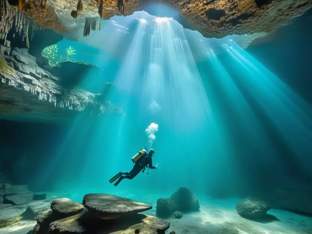 Exploradores en cenote maya, iluminados por rayos de sol