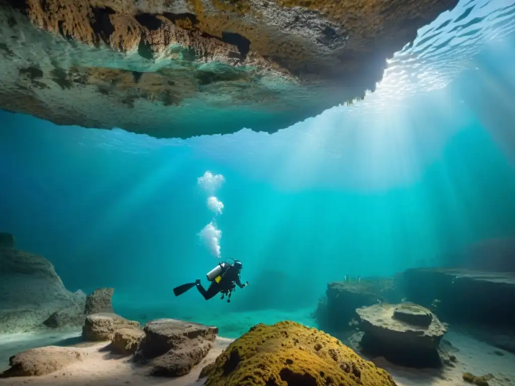 Exploradores preservando cenotes mayas con tecnología de vanguardia en un ambiente misterioso