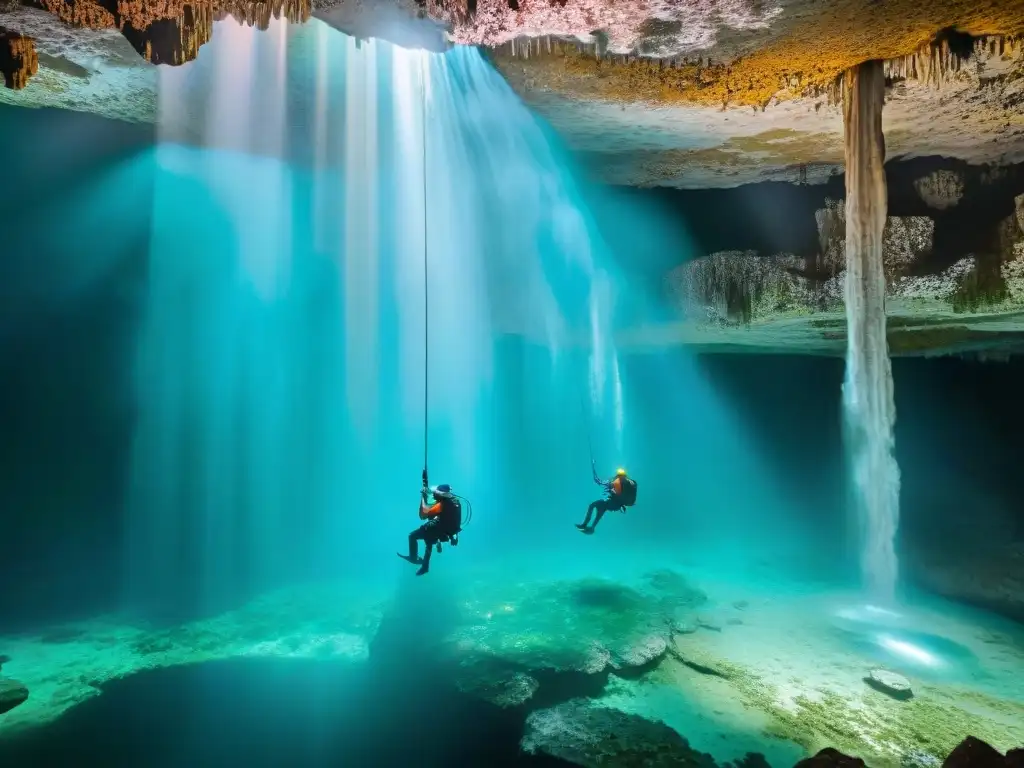 Exploradores descendiendo con cuidado en cenote sagrado maya, iluminados por headlamps